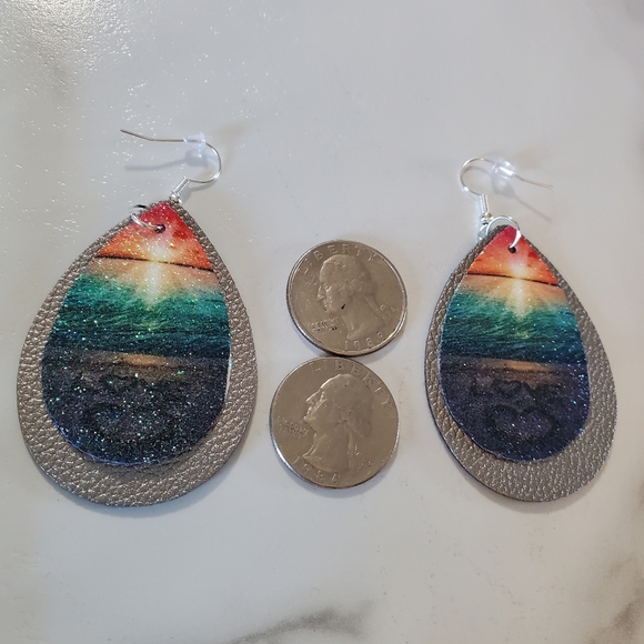 Ocean Sunset Faux Leather Teardrop Earrings - Picture 8 of 13